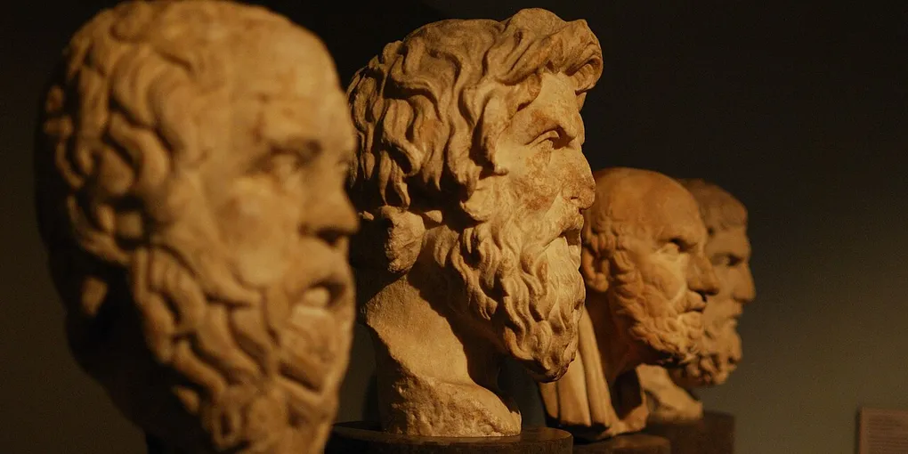 Greek philosopher busts:  Sokrates, Antisthenes, Chrysippos, Epikouros